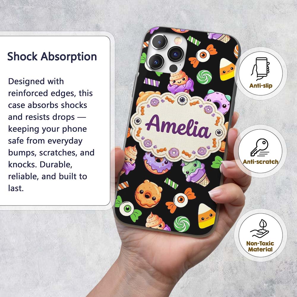 Cute Halloween Sweet Donut Ice Cream Candy Black Custom Name Protective Phone Case Mobile Cover Durable Everyday Smartphone Shock Resistant