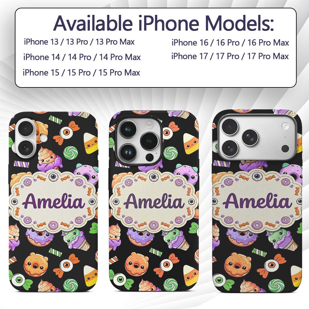 Cute Halloween Sweet Donut Ice Cream Candy Black Custom Name Protective Phone Case Mobile Cover Durable Everyday Smartphone Shock Resistant