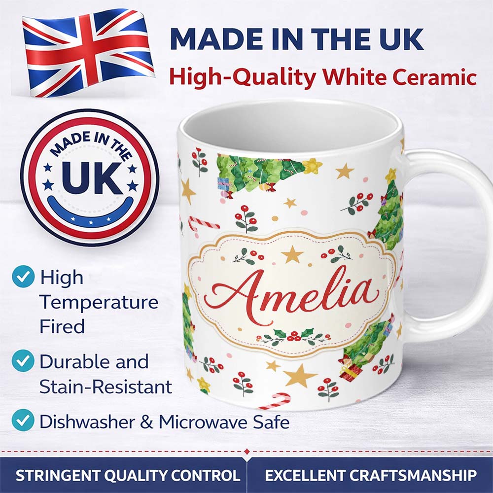 Personalized Custom Name Cute Christmas Tree Candy Cane Stars Gift Seamless Pattern Lovely 11oz Ceramic Coffee Tea Mug White Large Handle