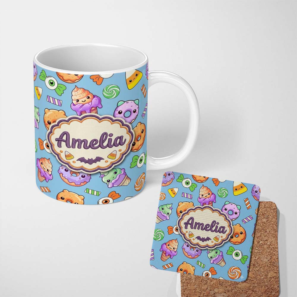 Personalized Custom Name Cute Halloween Sweet Donut Ice Cream Candy Blue Background Seamless 11oz Ceramic Coffee Tea Mug White Large Handle