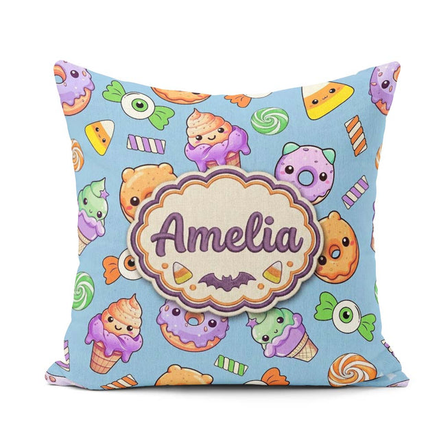 Custom Name Sweet Donut Ice Cream Candy Blue Background Seamless Square Filled Cushion Throw Pillow Sofa Bed Home Decor Zip Washable UK Made