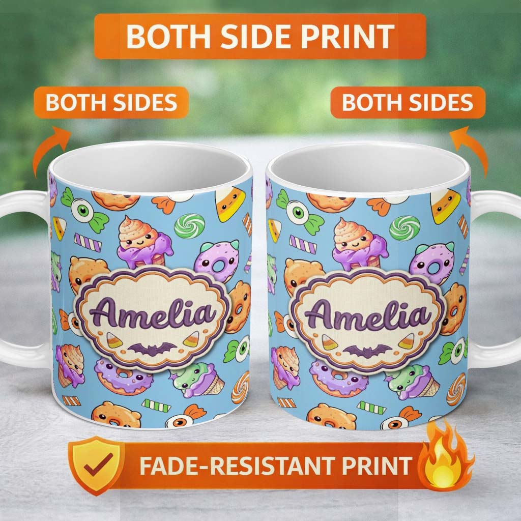 Personalized Custom Name Cute Halloween Sweet Donut Ice Cream Candy Blue Background Seamless 11oz Ceramic Coffee Tea Mug White Large Handle