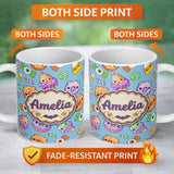 Personalized Custom Name Cute Halloween Sweet Donut Ice Cream Candy Blue Background Seamless 11oz Ceramic Coffee Tea Mug White Large Handle