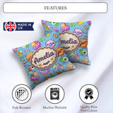 Custom Name Sweet Donut Ice Cream Candy Blue Background Seamless Square Filled Cushion Throw Pillow Sofa Bed Home Decor Zip Washable UK Made