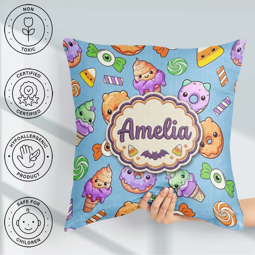 Custom Name Sweet Donut Ice Cream Candy Blue Background Seamless Square Filled Cushion Throw Pillow Sofa Bed Home Decor Zip Washable UK Made