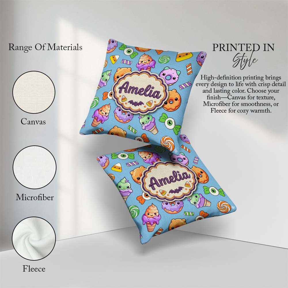 Custom Name Sweet Donut Ice Cream Candy Blue Background Seamless Square Filled Cushion Throw Pillow Sofa Bed Home Decor Zip Washable UK Made