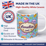 Personalized Custom Name Cute Halloween Sweet Donut Ice Cream Candy Blue Background Seamless 11oz Ceramic Coffee Tea Mug White Large Handle