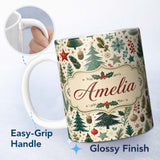 Personalized Custom Name Modern Christmas Trees Holly Leaves Snowflakes Winter Seamless 11oz Ceramic Coffee Tea Mug White Large Handle