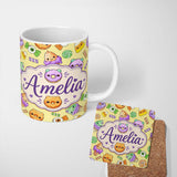 Personalized Custom Name Cute Halloween Sweet Donut Ice Cream Candy Yellow Background 11oz Ceramic Coffee Tea Mug White Large Handle