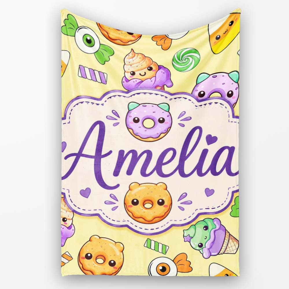 Cute Halloween Sweet Donut Ice Cream Candy Yellow Background  Personalised Custom Name Super Soft Fleece Blanket Bed Sofa Throw