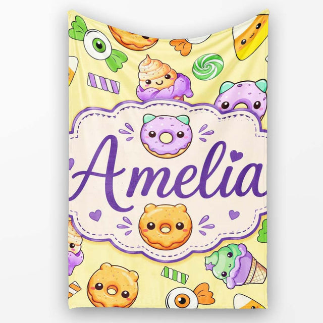 Cute Halloween Sweet Donut Ice Cream Candy Yellow Background  Personalised Custom Name Super Soft Fleece Blanket Bed Sofa Throw