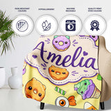 Cute Halloween Sweet Donut Ice Cream Candy Yellow Background  Personalised Custom Name Super Soft Fleece Blanket Bed Sofa Throw
