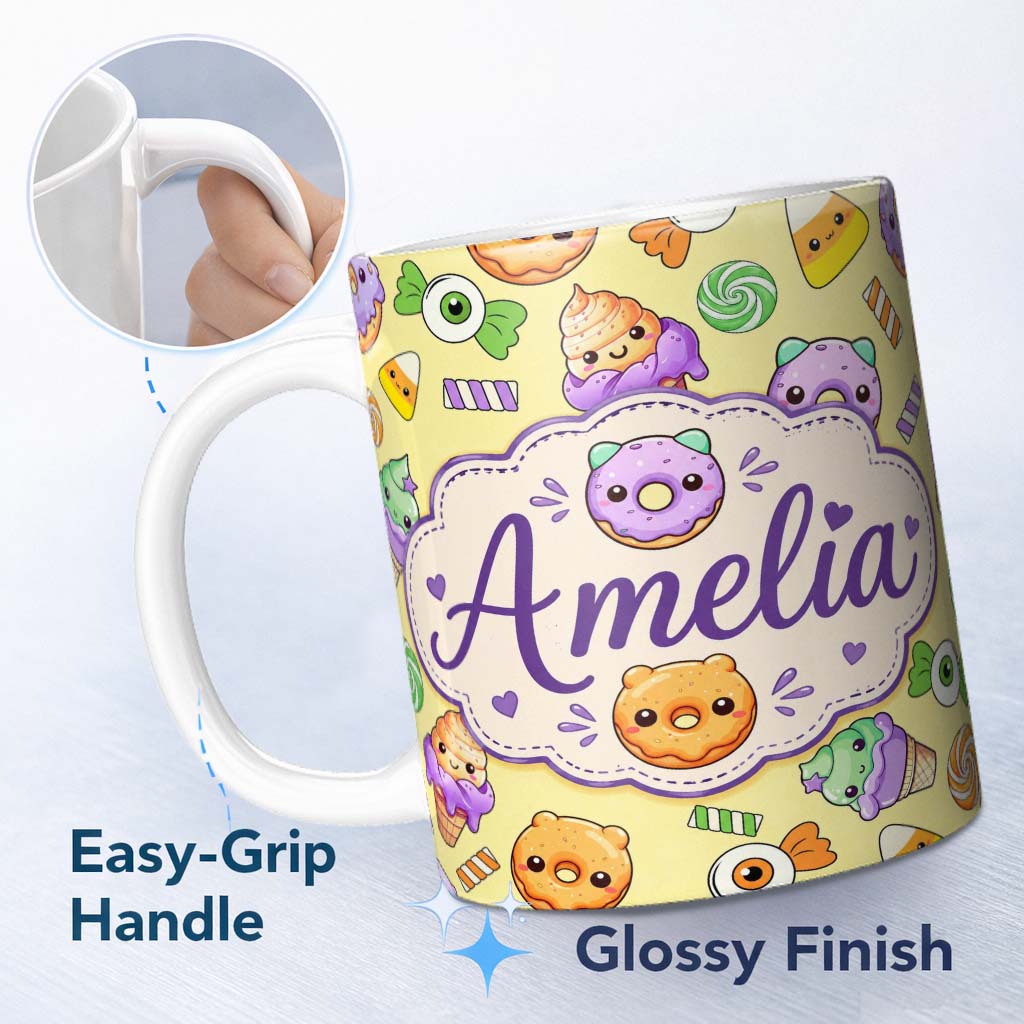 Personalized Custom Name Cute Halloween Sweet Donut Ice Cream Candy Yellow Background 11oz Ceramic Coffee Tea Mug White Large Handle