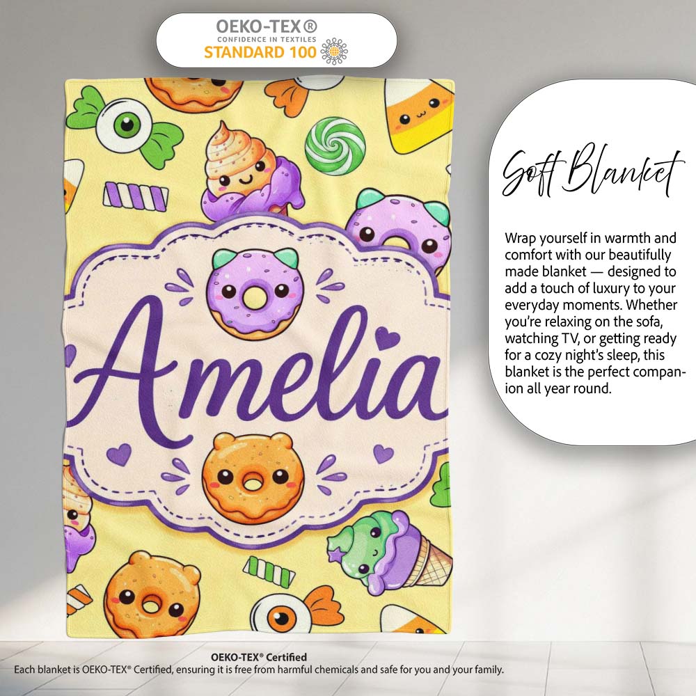 Cute Halloween Sweet Donut Ice Cream Candy Yellow Background  Personalised Custom Name Super Soft Fleece Blanket Bed Sofa Throw