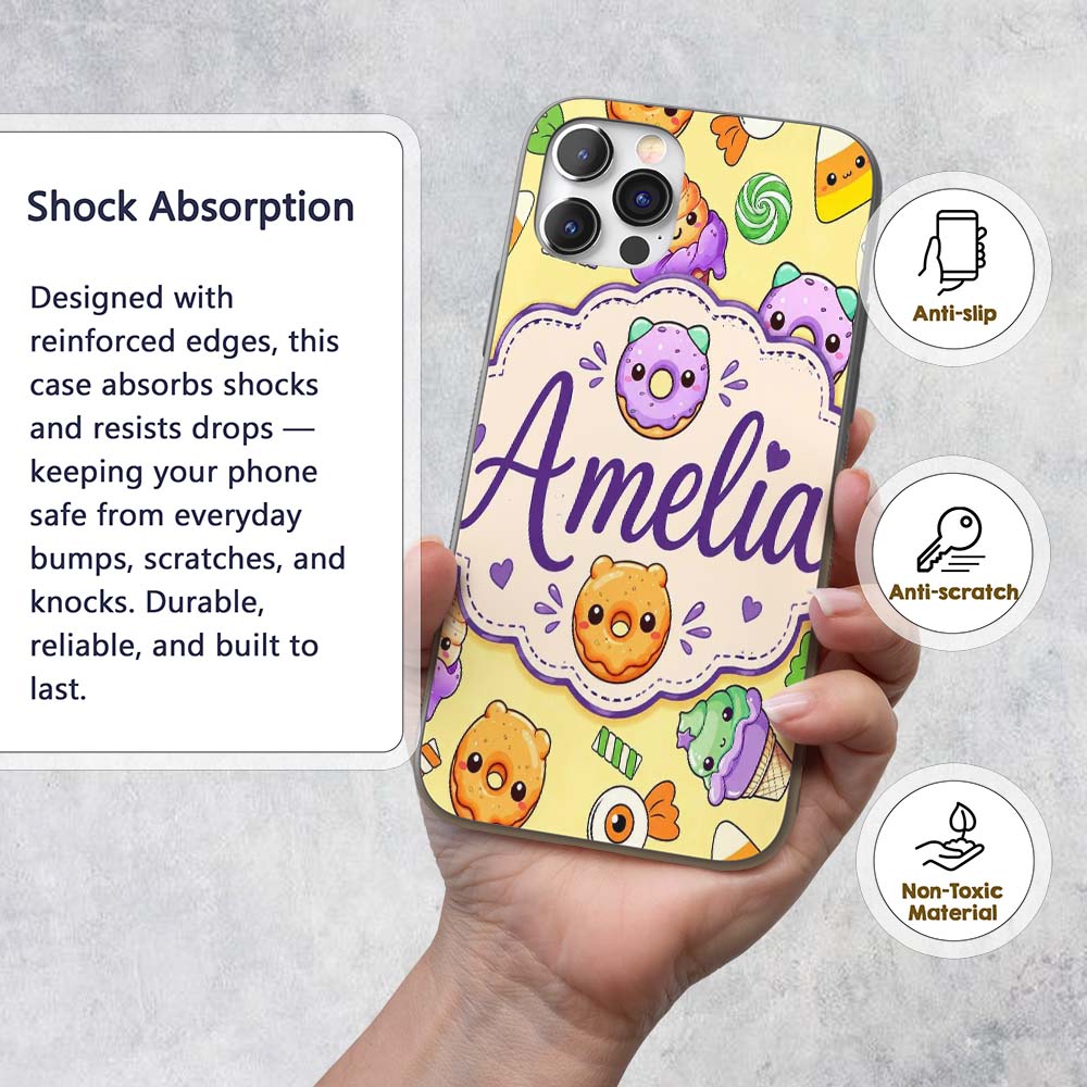 Cute Halloween Sweet Donut Ice Cream Candy Yellow Custom Name Protective Phone Case Mobile Cover Durable Everyday Smartphone Shock Resistant