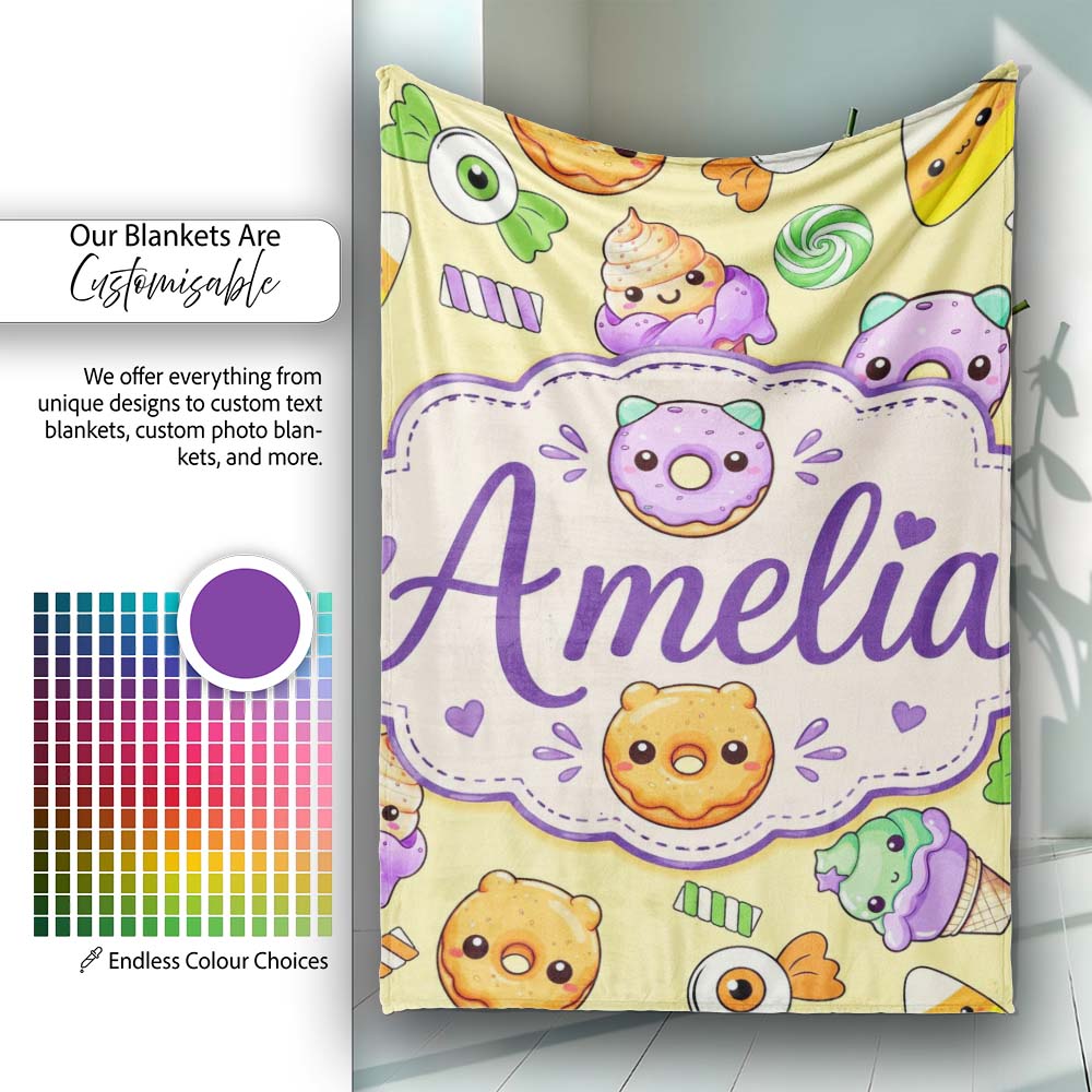 Cute Halloween Sweet Donut Ice Cream Candy Yellow Background  Personalised Custom Name Super Soft Fleece Blanket Bed Sofa Throw