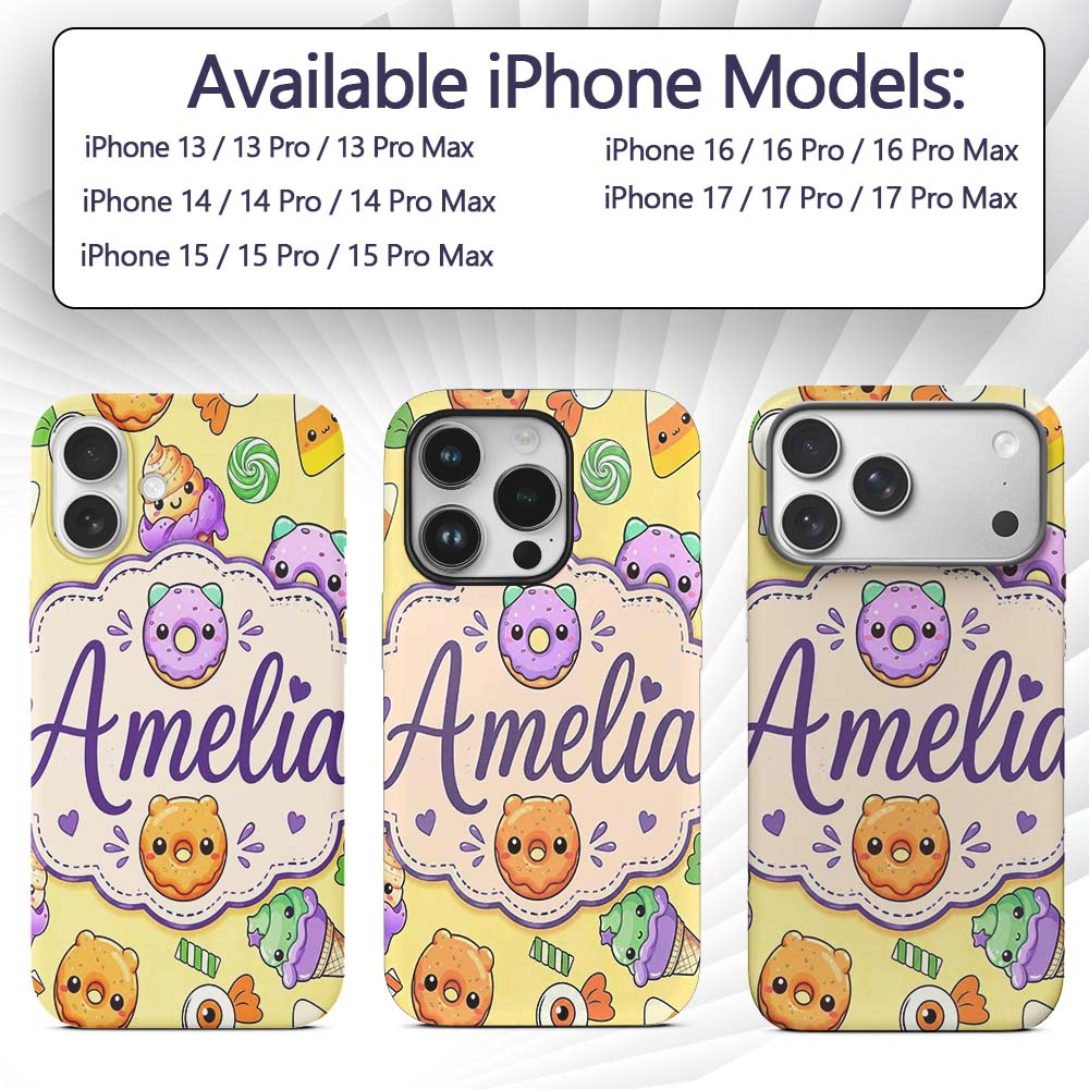 Cute Halloween Sweet Donut Ice Cream Candy Yellow Custom Name Protective Phone Case Mobile Cover Durable Everyday Smartphone Shock Resistant