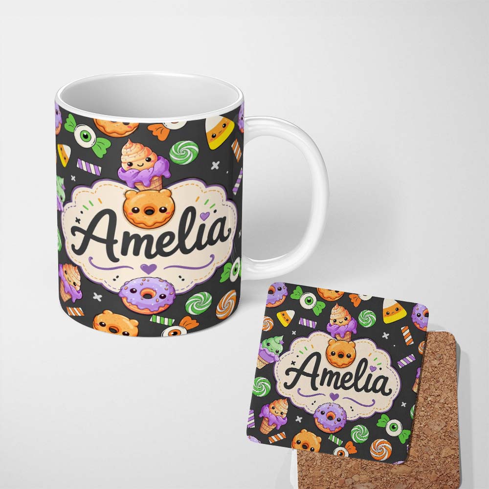 Personalized Custom Name Cute Halloween Sweet Donut Ice Cream Candy Grey Background Seamless 11oz Ceramic Coffee Tea Mug White Large Handle
