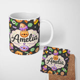 Personalized Custom Name Cute Halloween Sweet Donut Ice Cream Candy Grey Background Seamless 11oz Ceramic Coffee Tea Mug White Large Handle