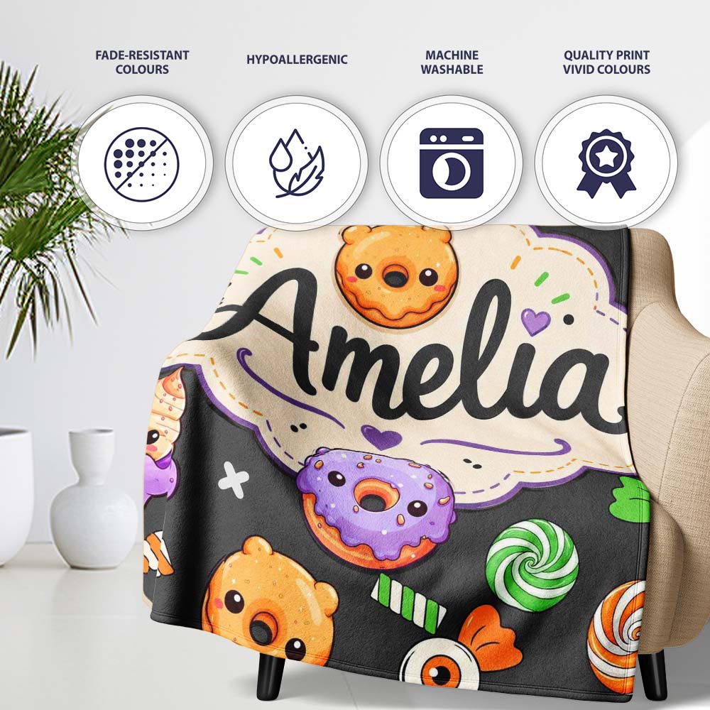 Cute Halloween Sweet Donut Ice Cream Candy Grey Background Seamless  Personalised Custom Name Super Soft Fleece Blanket Bed Sofa Throw