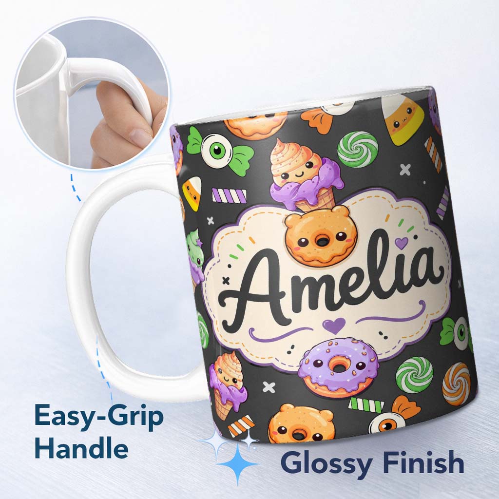 Personalized Custom Name Cute Halloween Sweet Donut Ice Cream Candy Grey Background Seamless 11oz Ceramic Coffee Tea Mug White Large Handle