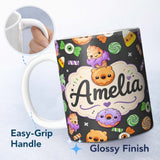 Personalized Custom Name Cute Halloween Sweet Donut Ice Cream Candy Grey Background Seamless 11oz Ceramic Coffee Tea Mug White Large Handle