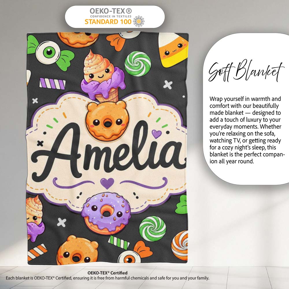 Cute Halloween Sweet Donut Ice Cream Candy Grey Background Seamless  Personalised Custom Name Super Soft Fleece Blanket Bed Sofa Throw
