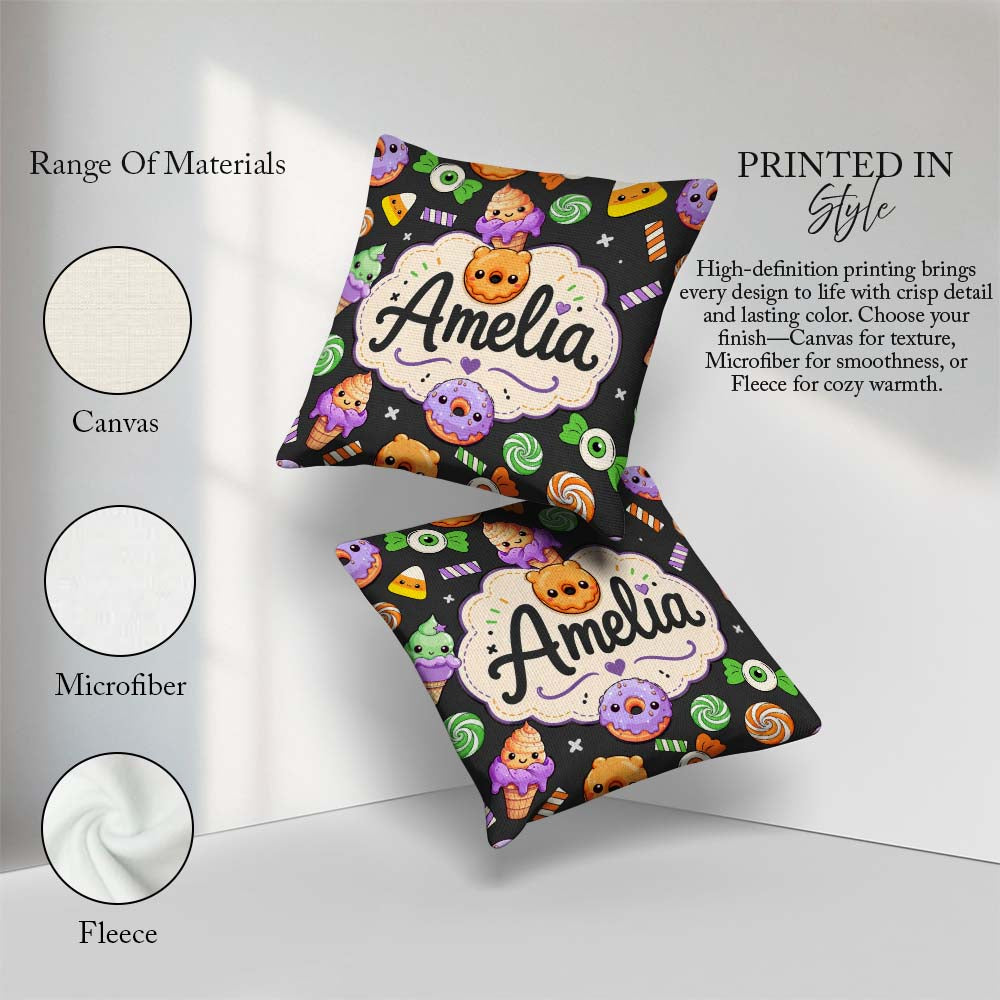 Custom Name Sweet Donut Ice Cream Candy Grey Background Seamless Square Filled Cushion Throw Pillow Sofa Bed Home Decor Zip Washable UK Made