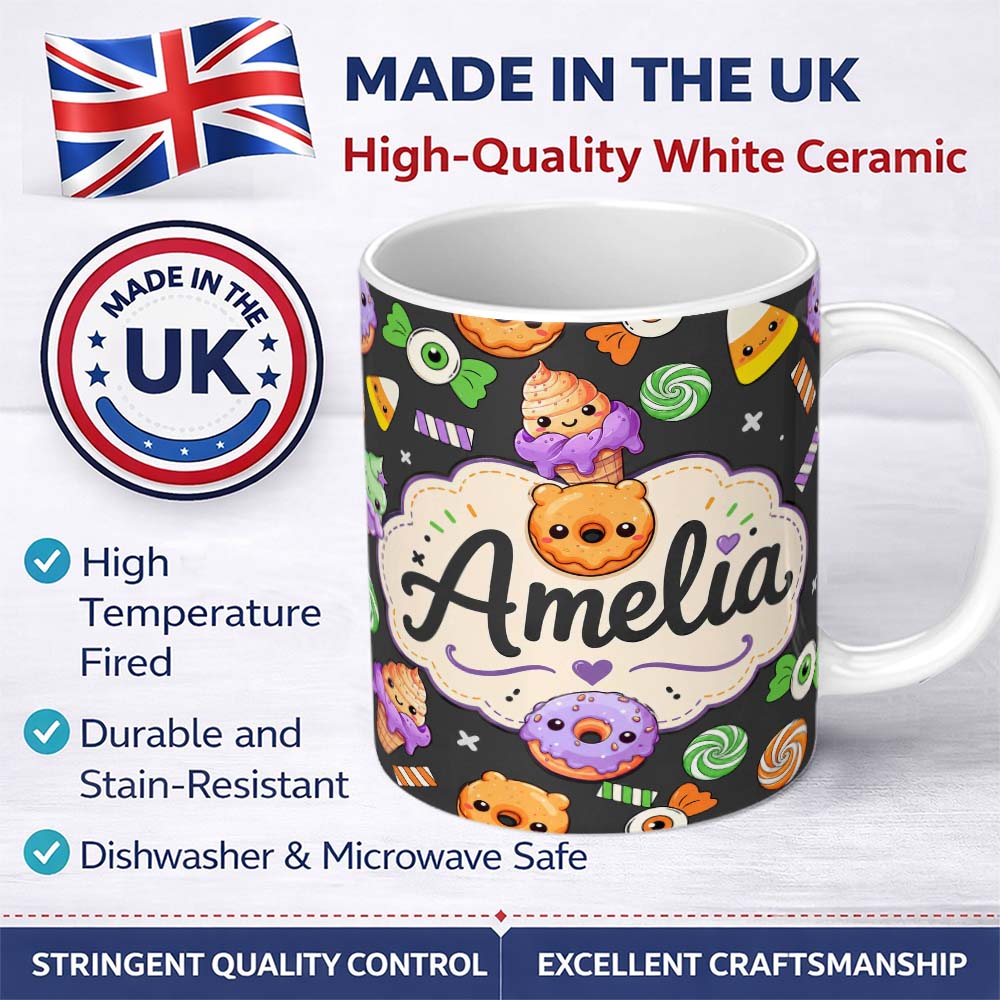 Personalized Custom Name Cute Halloween Sweet Donut Ice Cream Candy Grey Background Seamless 11oz Ceramic Coffee Tea Mug White Large Handle