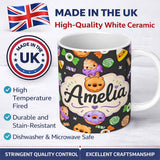 Personalized Custom Name Cute Halloween Sweet Donut Ice Cream Candy Grey Background Seamless 11oz Ceramic Coffee Tea Mug White Large Handle