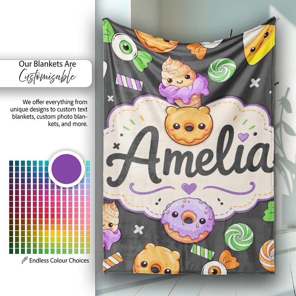 Cute Halloween Sweet Donut Ice Cream Candy Grey Background Seamless  Personalised Custom Name Super Soft Fleece Blanket Bed Sofa Throw