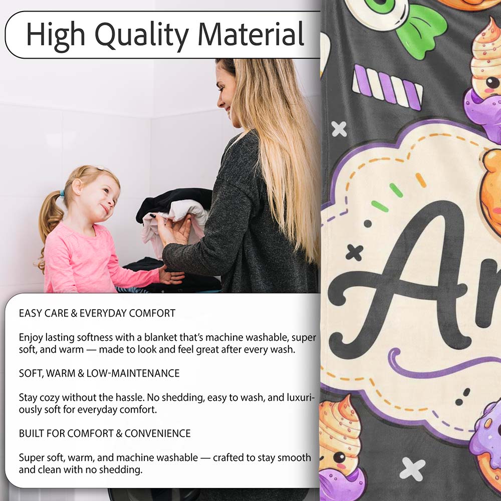 Cute Halloween Sweet Donut Ice Cream Candy Grey Background Seamless  Personalised Custom Name Super Soft Fleece Blanket Bed Sofa Throw