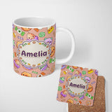 Personalized Custom Name Cute Halloween Sweet Donut Ice Cream Candy Beige Background 11oz Ceramic Coffee Tea Mug White Large Handle