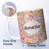 Personalized Custom Name Cute Halloween Sweet Donut Ice Cream Candy Beige Background 11oz Ceramic Coffee Tea Mug White Large Handle