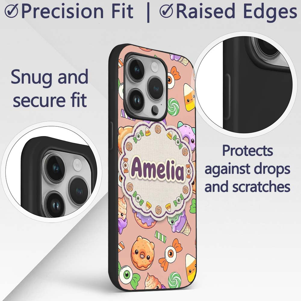 Cute Halloween Sweet Donut Ice Cream Candy Beige Custom Name Protective Phone Case Mobile Cover Durable Everyday Smartphone Shock Resistant