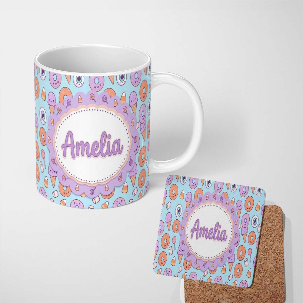 Personalized Custom Name Cute Halloween Donut Candy Ice Cream Kawaii Seamless Pattern Teal 11oz Ceramic Coffee Tea Mug White Large Handle