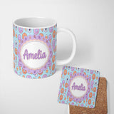 Personalized Custom Name Cute Halloween Donut Candy Ice Cream Kawaii Seamless Pattern Teal 11oz Ceramic Coffee Tea Mug White Large Handle