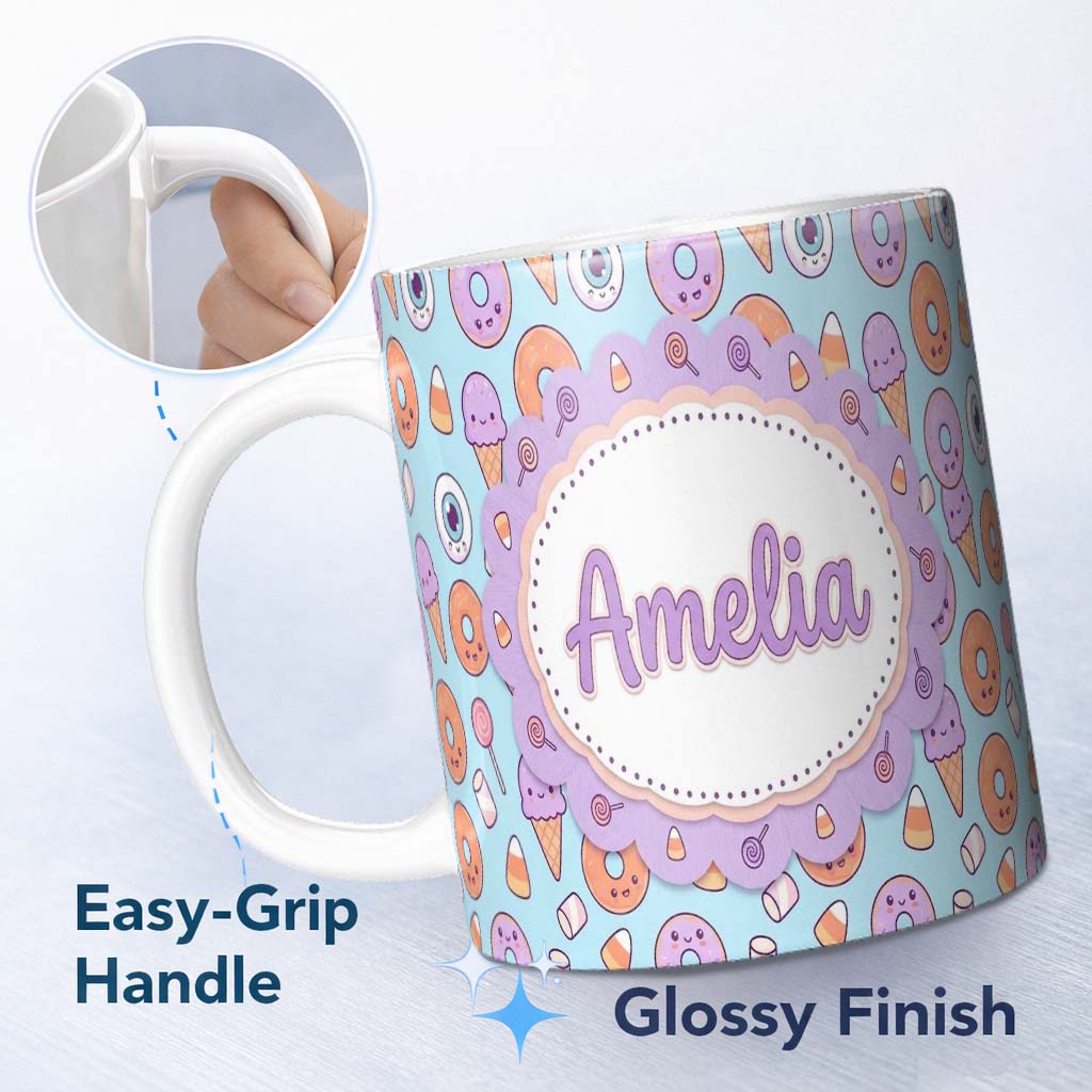 Personalized Custom Name Cute Halloween Donut Candy Ice Cream Kawaii Seamless Pattern Teal 11oz Ceramic Coffee Tea Mug White Large Handle