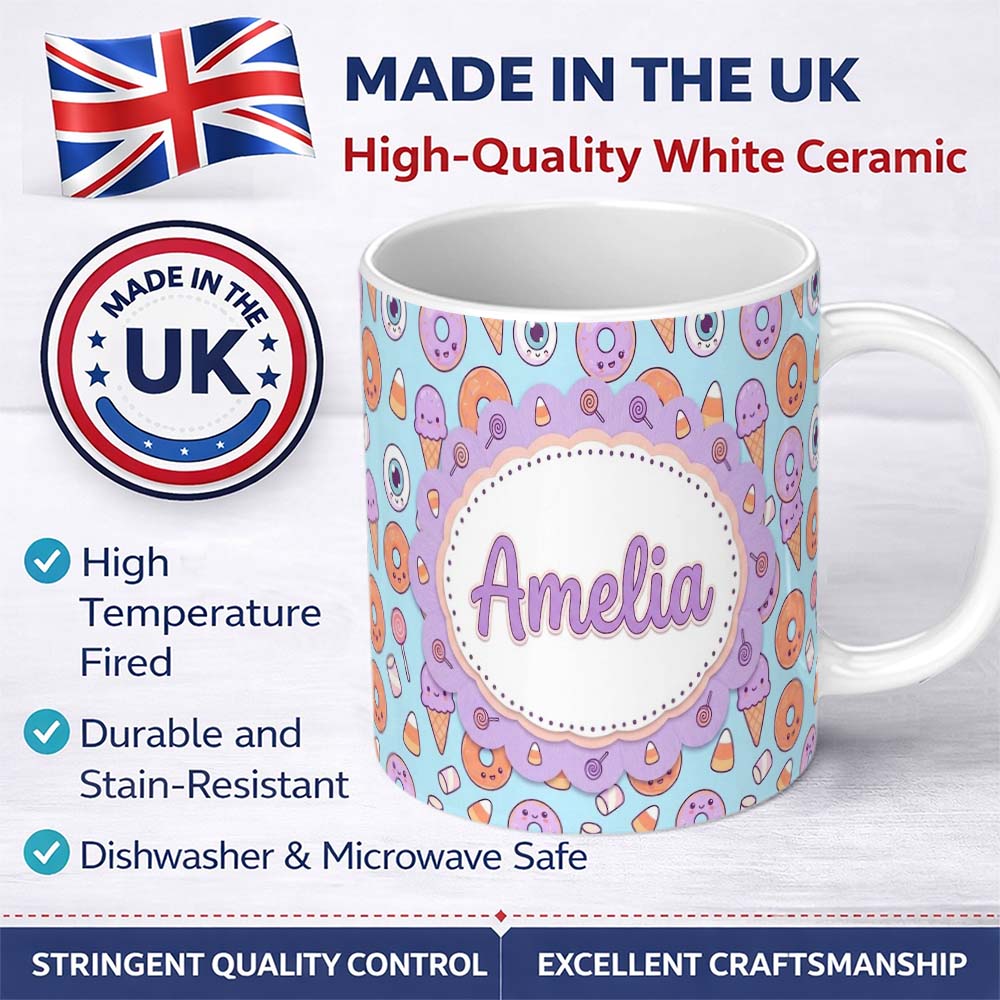 Personalized Custom Name Cute Halloween Donut Candy Ice Cream Kawaii Seamless Pattern Teal 11oz Ceramic Coffee Tea Mug White Large Handle