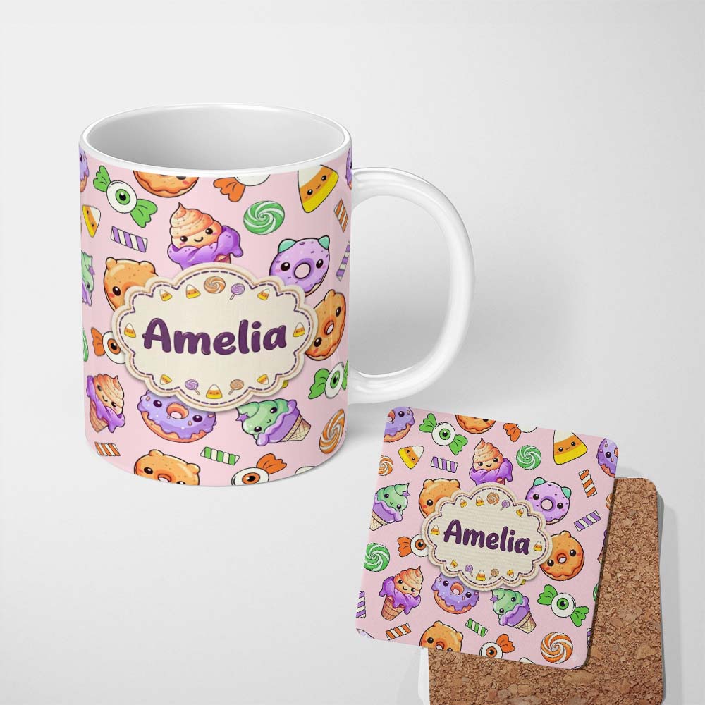 Personalized Custom Name Cute Halloween Donut Candy Ice Cream Kawaii Seamless Pattern Blush 11oz Ceramic Coffee Tea Mug White Large Handle