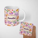 Personalized Custom Name Cute Halloween Donut Candy Ice Cream Kawaii Seamless Pattern Blush 11oz Ceramic Coffee Tea Mug White Large Handle