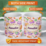 Personalized Custom Name Cute Halloween Donut Candy Ice Cream Kawaii Seamless Pattern Blush 11oz Ceramic Coffee Tea Mug White Large Handle