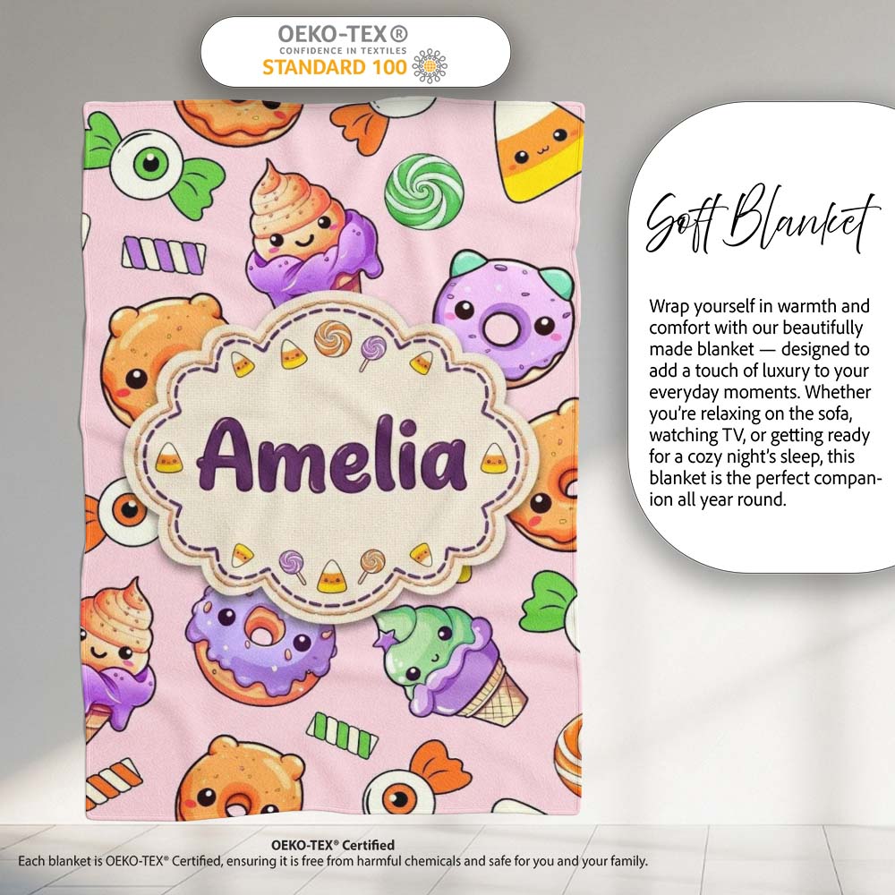 Cute Halloween Donut Candy Ice Cream Kawaii Seamless Pattern Blush  Personalised Custom Name Super Soft Fleece Blanket Bed Sofa Throw