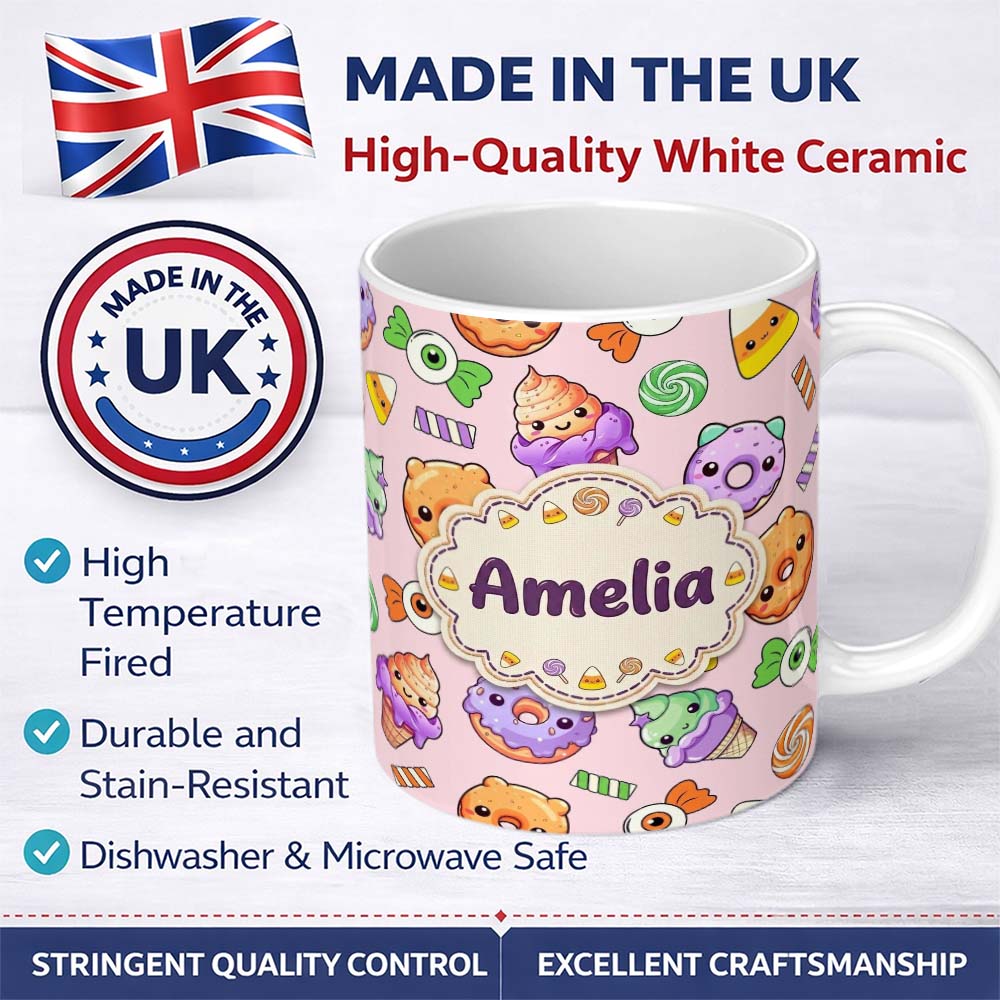 Personalized Custom Name Cute Halloween Donut Candy Ice Cream Kawaii Seamless Pattern Blush 11oz Ceramic Coffee Tea Mug White Large Handle