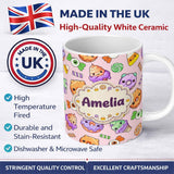 Personalized Custom Name Cute Halloween Donut Candy Ice Cream Kawaii Seamless Pattern Blush 11oz Ceramic Coffee Tea Mug White Large Handle