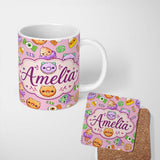 Personalized Custom Name Cute Halloween Donut Candy Ice Cream Kawaii Seamless Pattern Pink 11oz Ceramic Coffee Tea Mug White Large Handle