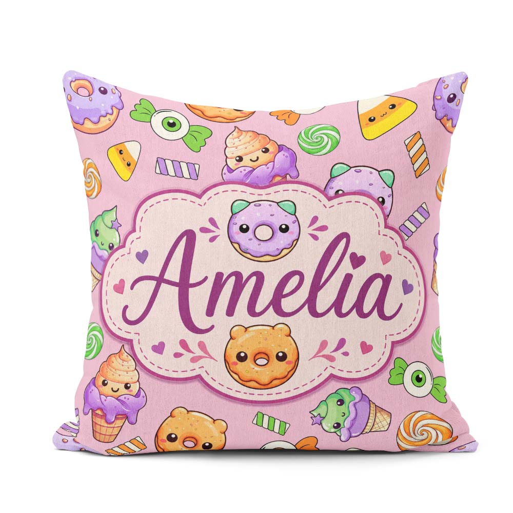 Custom Name Halloween Donut Candy Ice Cream Kawaii Seamless Pink Square Filled Cushion Throw Pillow Sofa Bed Home Decor Zip Washable UK Made
