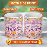 Personalized Custom Name Cute Halloween Donut Candy Ice Cream Kawaii Seamless Pattern Pink 11oz Ceramic Coffee Tea Mug White Large Handle
