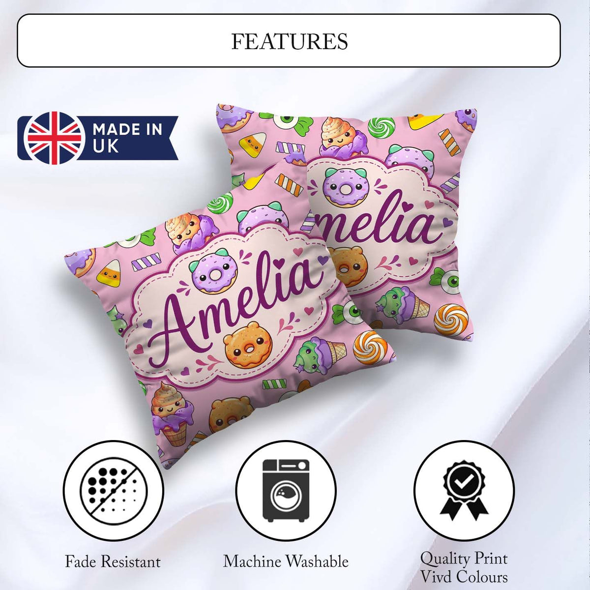 Custom Name Halloween Donut Candy Ice Cream Kawaii Seamless Pink Square Filled Cushion Throw Pillow Sofa Bed Home Decor Zip Washable UK Made