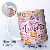 Personalized Custom Name Cute Halloween Donut Candy Ice Cream Kawaii Seamless Pattern Pink 11oz Ceramic Coffee Tea Mug White Large Handle